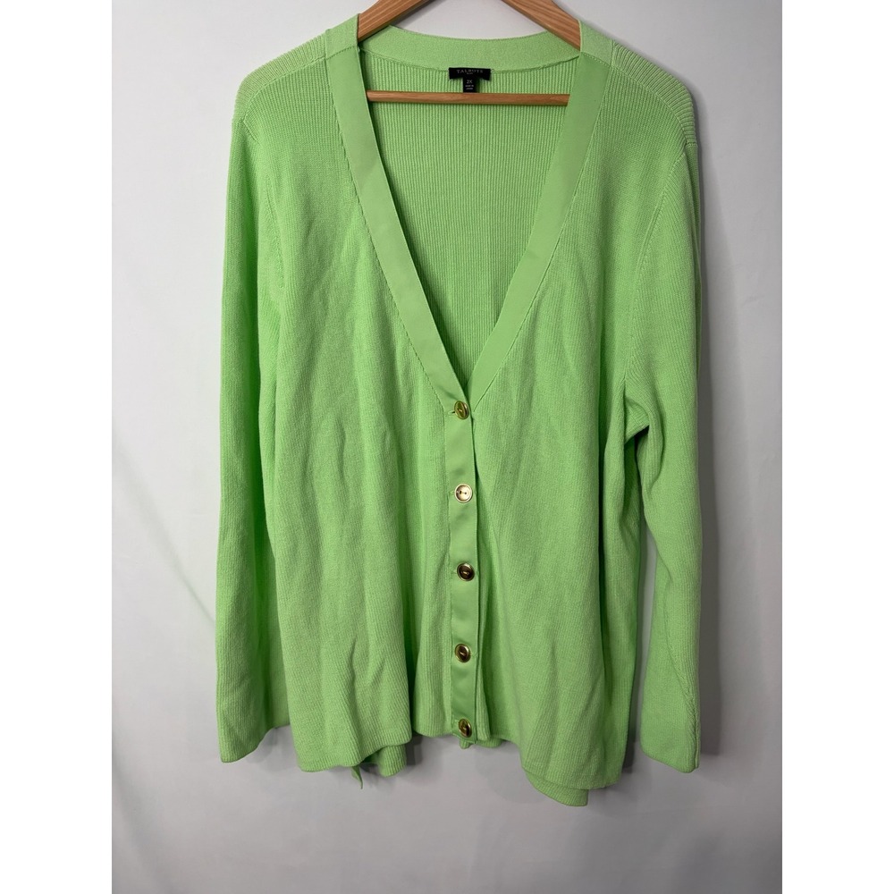 Talbots Lime Green Ribbed Cardigan Womens 2X Grosgrain Old Money Coastal Preppy